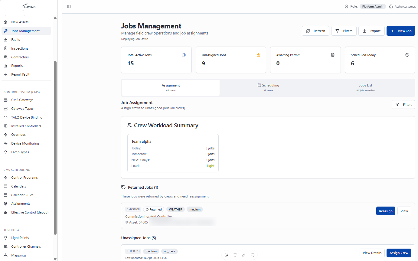 Lumino Jobs Management interface showing work assignment and crew workload
