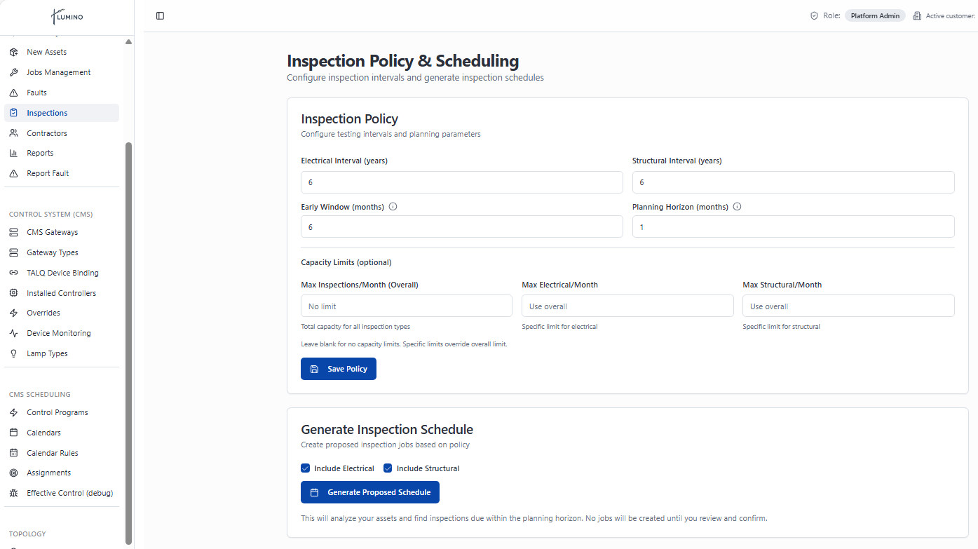 Lumino inspection policy and scheduling interface